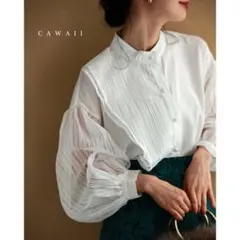CAWAII カワイイ シアーストライプのアシンメトリーフリルブラウストップスのサムネイル