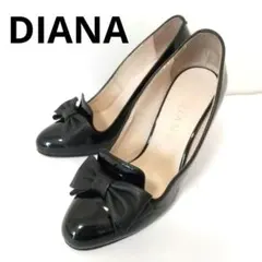 23 ダイアナ パンプス リボン エナメル 黒 オペラシューズ レザー