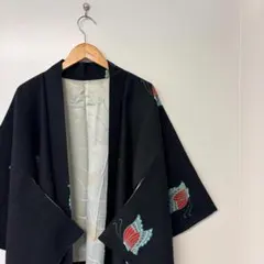 【一品物】正絹 黒 蝶柄 羽織 和柄 レトロ ヴィンテージ 軽羽織 和洋ミックス