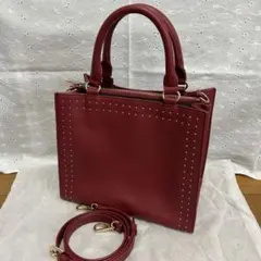 スタッズ スクエア ショルダーバッグ ハンドバッグ レッド系