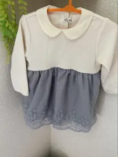 美品　80㎝　ホワイト/グレー 刺繍入りレース　ワンピース