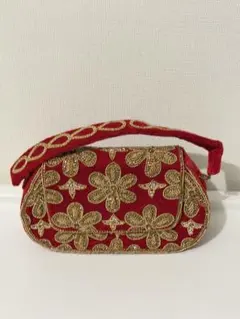 刺繍 ハンドバッグ レッド ゴールド 民族風 レトロ パーティー　花柄刺繍