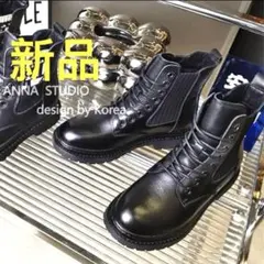 新品 ブラック ショートブーツ　レースアップ ハイカットブーツ　厚底　24cm