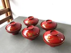 ☆　天然木　木製漆器　朱塗り　蓋付き椀　5客　剥げあり　昭和レトロ　☆