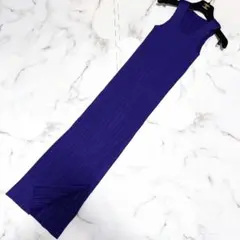 美品 プリーツプリーズ マキシ丈 ロングワンピース パープル サイドスリット 紫