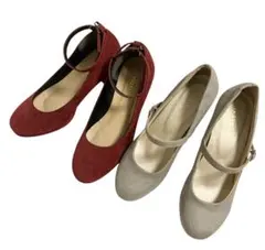 新品 2点 パンプス スエード チャンキー ヒール 赤 グレー 24cm