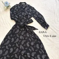 【美品】ZARA ペイズリー柄シャツワンピース ブラック S レーヨン100