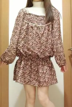 森ガール　フェアリーグランジ　フリル　チュニック　ワンピース　花柄