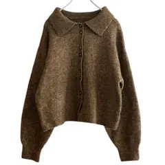 ボタンアップポロカーディガン　襟　ウールブレンド　長袖　ブラウン　Mサイズ