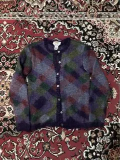 90s Talbots モヘア混 チェック柄 ハンドニット カーディガン S程度