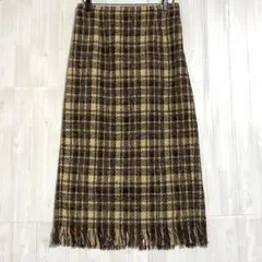 NOWNOW フリンジチェック ロングタイトスカート ウエストゴム　L
