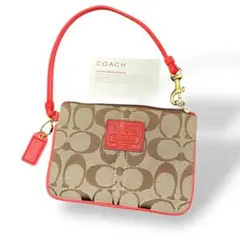 【美品】COACH　コーチ　アクセサリーポーチ　シグネチャー　キャンバス　茶×赤
