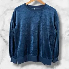 vintage ベロア トレーナー スウェット 長袖 M 無地 ネイビー 古着