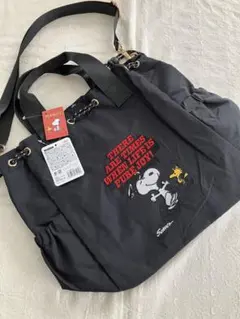 スヌーピー 刺繍ナイロン巾着バッグ トートバッグ　2wayショルダー付 黒