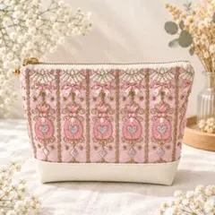 ピンク♡ステキインド刺繍とフェイクレザーのマチ付きポーチ