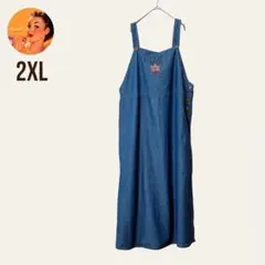 【USA古着】デニムジャンパースカート　花柄刺繍　マキシワンピース　インディゴ