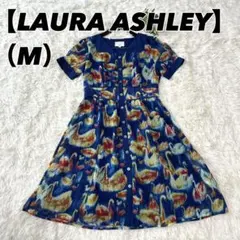 【ローラアシュレイ】レトロワンピース（2）シャツワンピース　鳥柄　ブルー