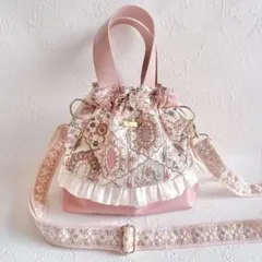 インド刺繍生地　巾着バッグ　ハンドメイド　メルヘン生地　トートバッグ　合皮