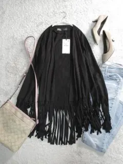 未使用 ザラ スエードタッチ フリンジ デザイン カーディガン 羽織 S