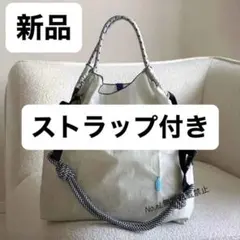 新品＊ストラップ付きブルーボトル刺繍エコバッグ グレー トートバッグ M 大容量