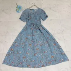 美品 ローラアシュレイ ワンピース ロング丈 花柄 フレア Aライン 水色