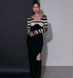 wonem ウォンエム　マルチボーダーニットロングワンピース ブラック