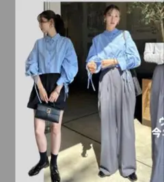 アベイル×nachicoさんコラボ　袖リボンブラウス シャツ Lサイズ ブルーのサムネイル