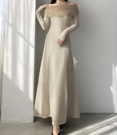 louere チュールオフショルフレアニットワンピース S