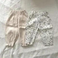 コットン　裾フリルパンツ2点セット　ベージュ　花柄　ピピロッタ