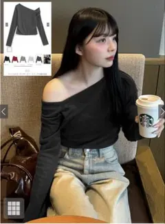 GRL ワンショルダーギャザースリーブトップス　dk1260 ブラック