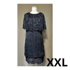 レース ケープ付き 黒ドレス XXLサイズ 大きめ ワンピース ひざ丈 Iライン