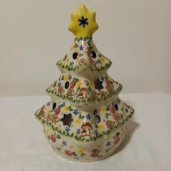 ポーリッシュポタリー　クリスマスツリー　キャンドルホルダー　りんごハリネズミ