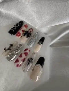 ネイルチップ ギャル りぼん ハート 埋めつくし 韓国 長さ 形 変更無料