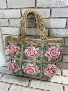 【ハンドメイド】モチーフ編み☆ グラニースクエア☆トート☆薔薇(416)MP