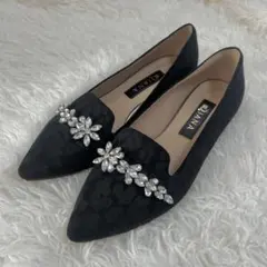 ★美品★DIANA ビジュー レオパード ブラック フラットシューズ