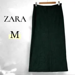 ZARA リブニット ロングタイトスカート M ダークグリーン ウエストゴム