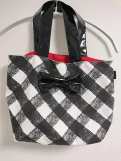 チェック柄リボン付きハンドバッグ