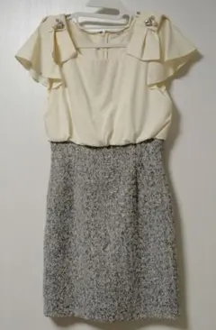 フリル付き半袖ワンピース（クリーム×ツイードグレー）