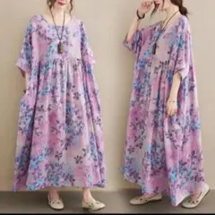 花柄フリーサイズレディースゆったりロングワンピース　半袖薄手　体型カバー