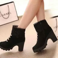 レディース　ショートブーツ　美脚　レース　刺繍　太ヒール　秋冬　新作