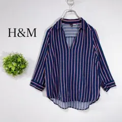 H&M 【EUR ３６】スキッパーシャツ　ストライプ柄 七分袖　ネイビーのサムネイル