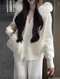 SHEIN ファー付きパーカー ニットパーカー ニットカーディガン