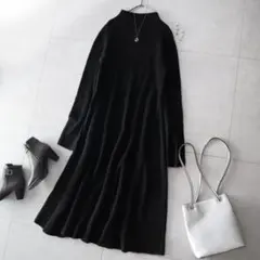 新品ブラックおしゃれベーセーストックボトルネックリブニットフレアロングワンピース