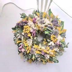 ルリタマアザミとミモザのリース　ドライフラワー　スワッグ