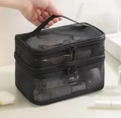 ポーチ ２段メッシュ メイクポーチ コスメポーチ 大容量 化粧ポーチ　ブラック