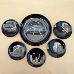 【美品】黒漆 蒔絵 草花文 菓子皿揃 6点セット (大皿×1.小皿×5)
