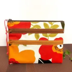 ３段ポーチ　大きな花柄✕オレンジ　母子手帳ケース　お薬手帳ケース　お化粧ポーチ