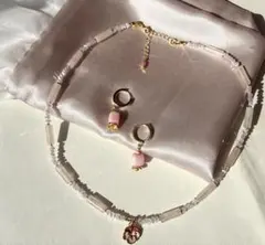 ピンク系天然石ネックレス＆イヤリングセット