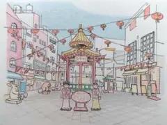 2Lサイズ　神戸　南京町　色鉛筆ボールペン画