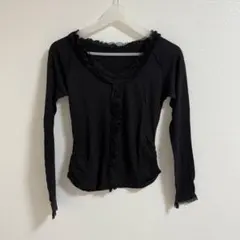 フリル付き ブラック 長袖Tシャツ Mサイズ